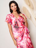 Plus size flutter sleeve satin wrap dress in pink