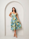 Sleeveless Floral Print Midi Dress in Blue