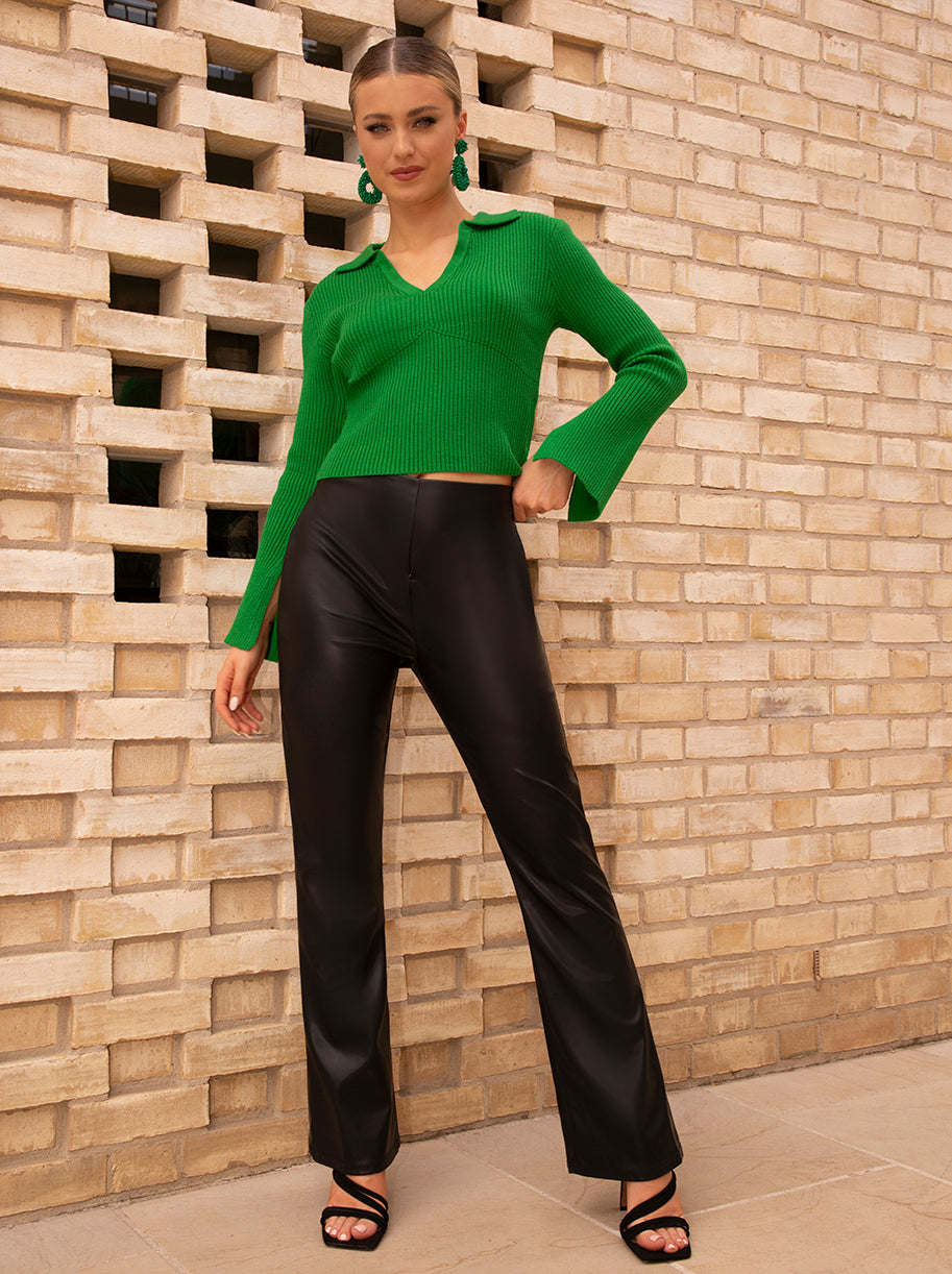 Faux Leather Flare Trousers in Black