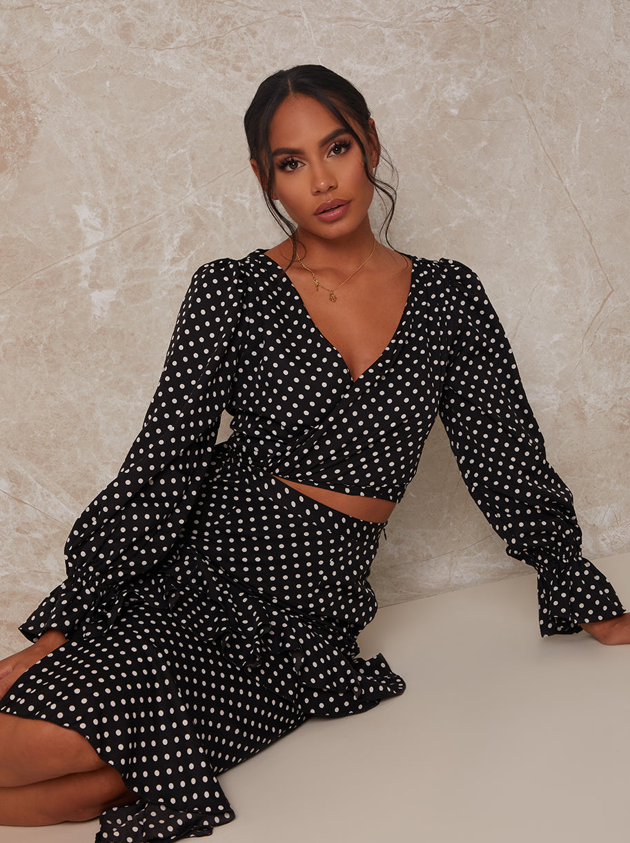 Polka Dot Ruffle Midi Skirt in Black