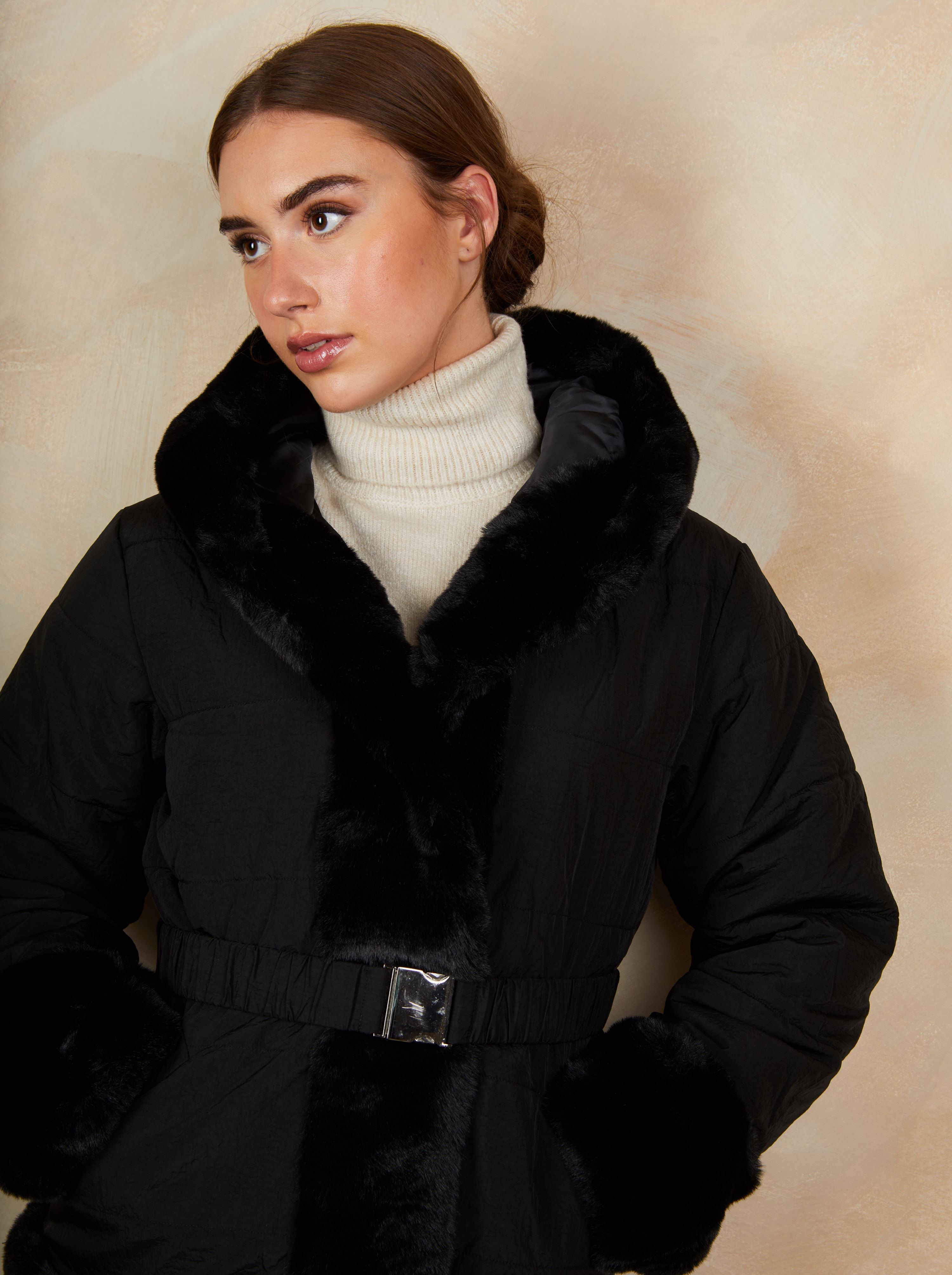 Faux Fur Belted Padded Coat in Black