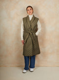 Diamond Quilted Longline Belted Gilet in Khaki