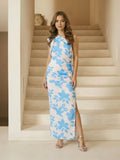One Shoulder Gathered Floral Maxi Dress in Blue