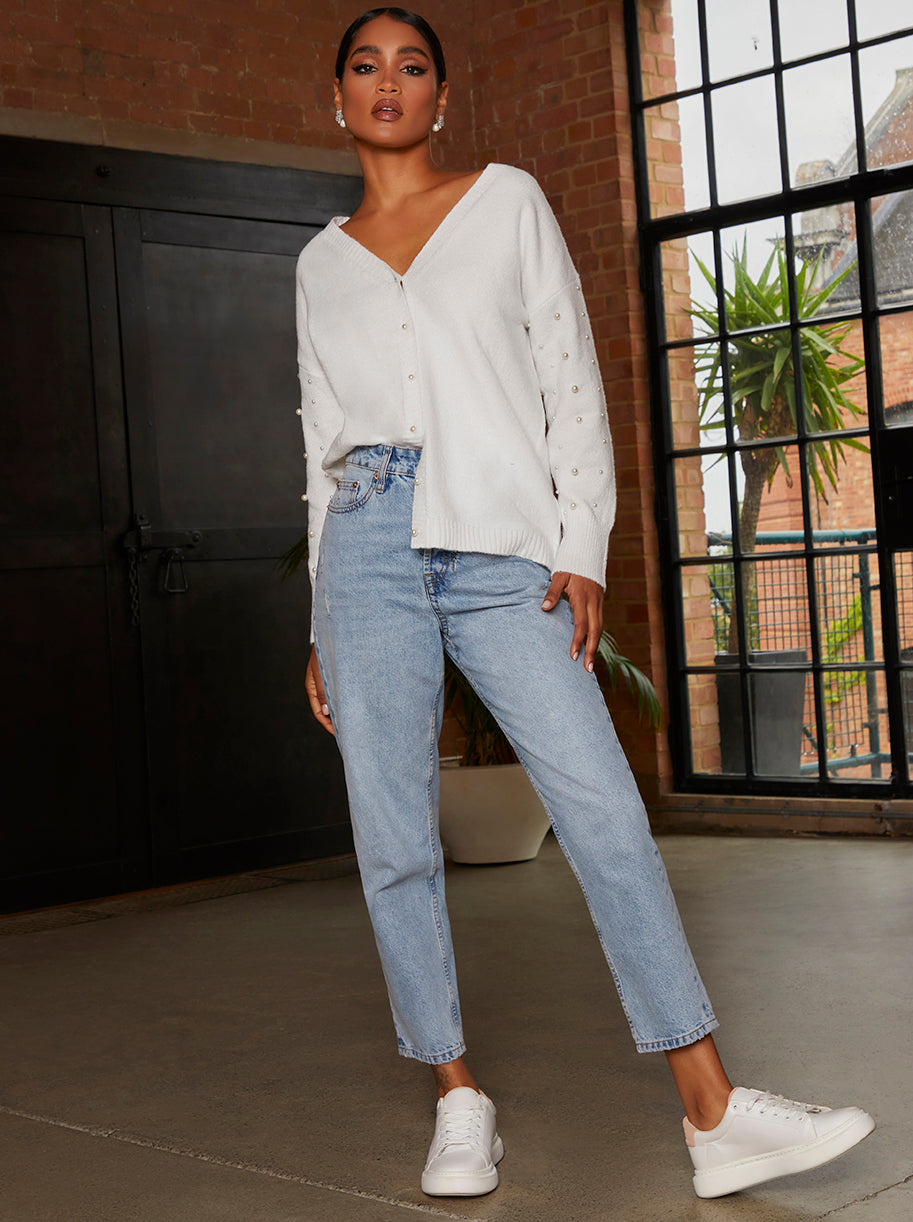 Pearl Detail Oversized Cardigan in Cream