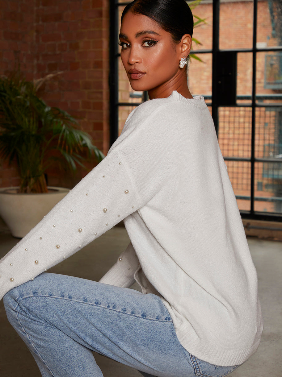 Pearl Detail Oversized Cardigan in Cream