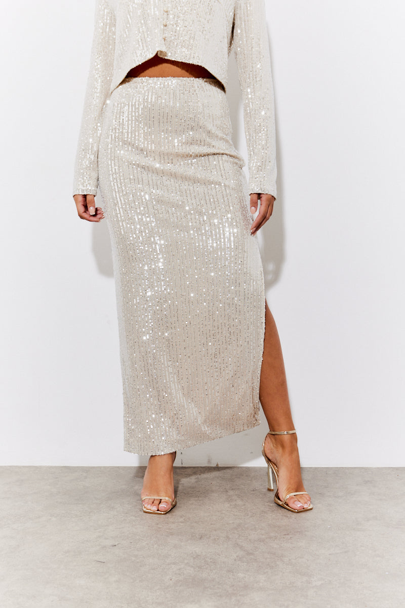 Gold Sequin Slit Detail Midi Skirt