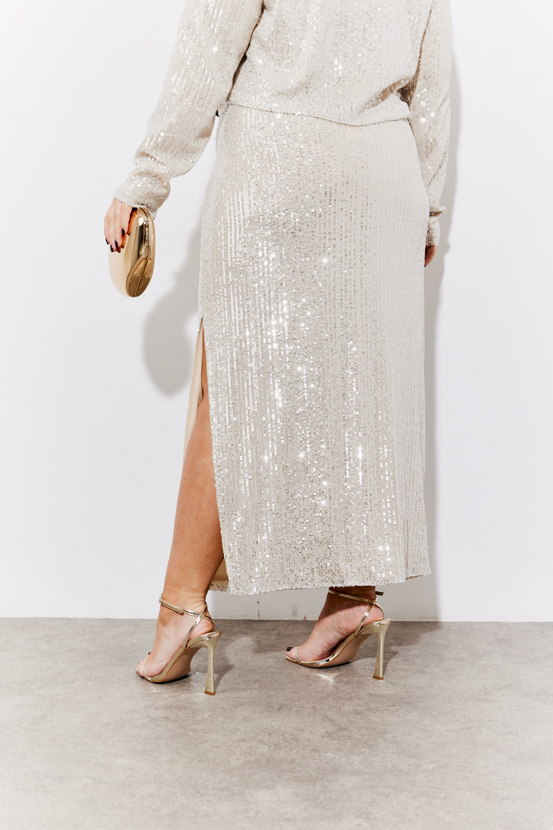 Gold Sequin Slit Detail Midi Skirt