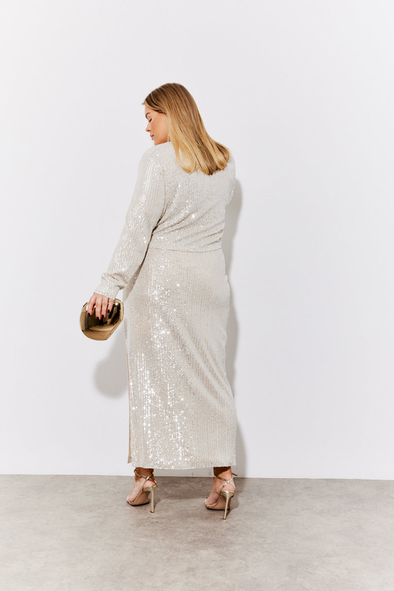 Gold Sequin Slit Detail Midi Skirt