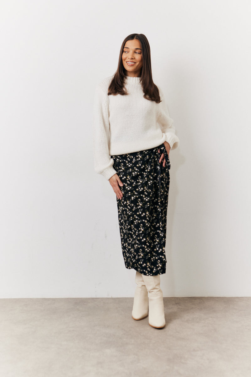 Black Floral Wrap Midi Skirt