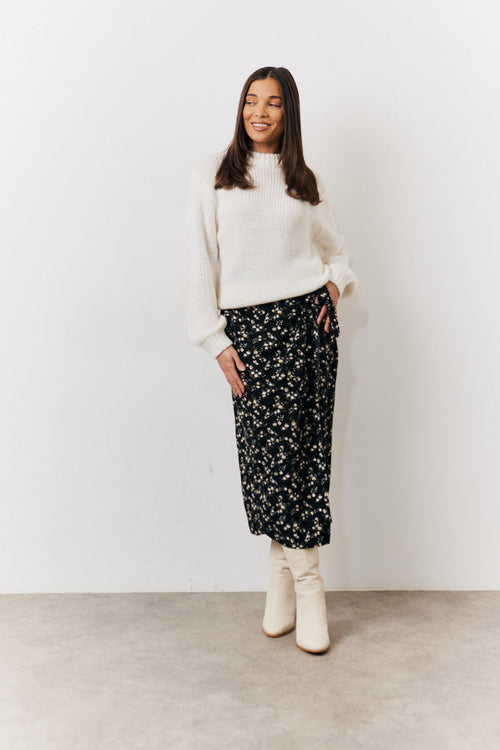 Black Floral Wrap Midi Skirt