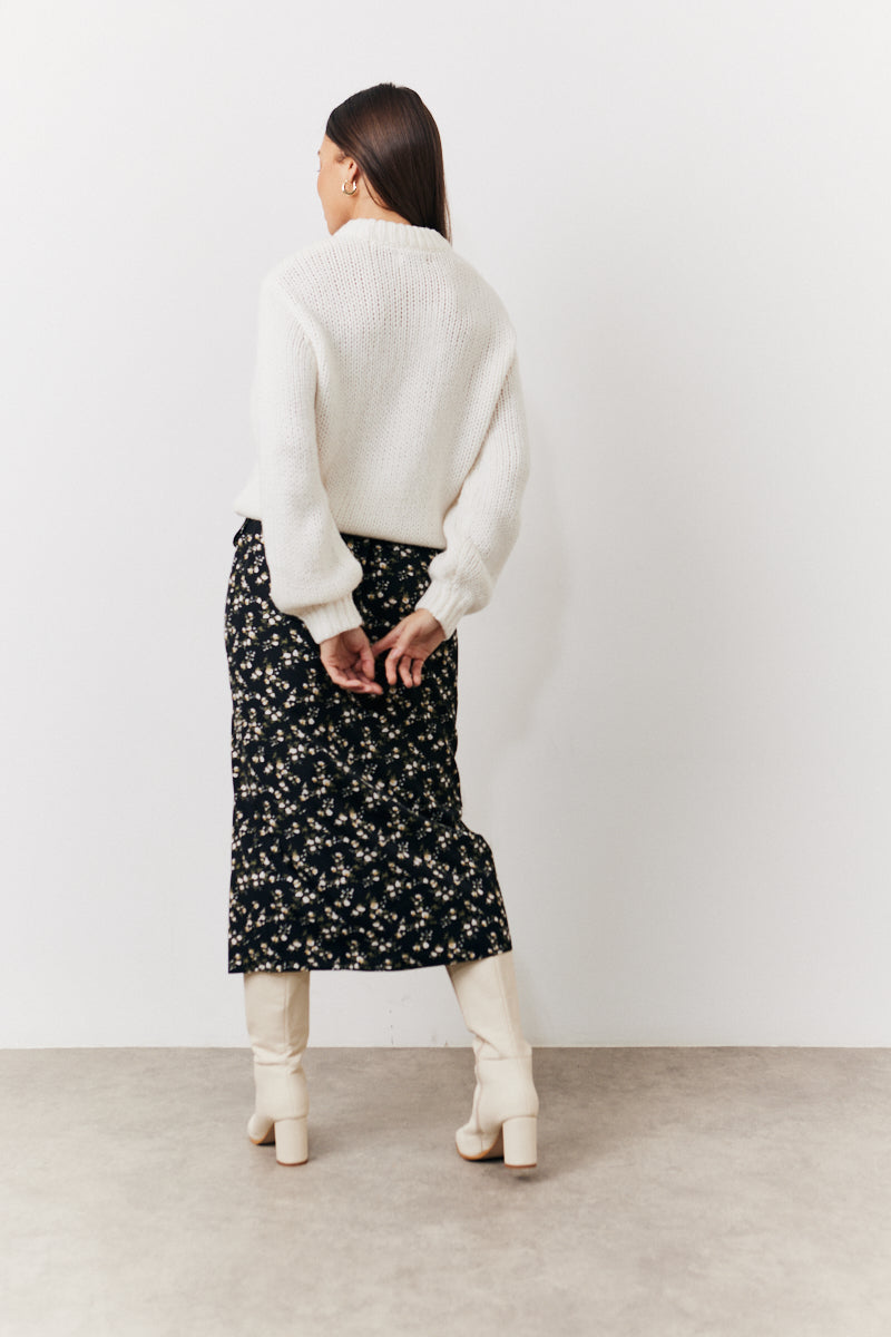Black Floral Wrap Midi Skirt