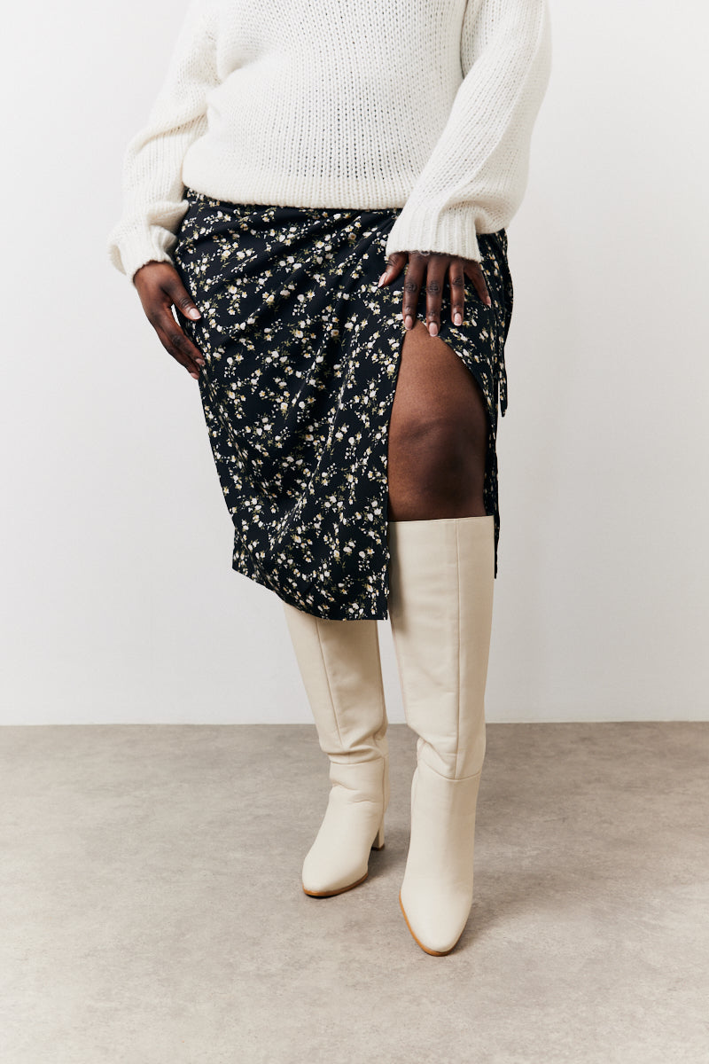Black Floral Wrap Midi Skirt