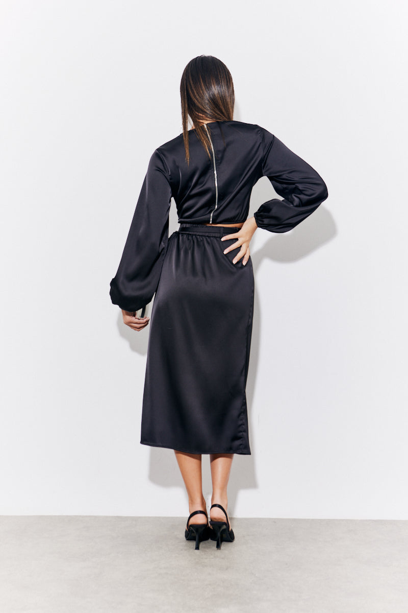 Black Satin Wrap Midi Skirt