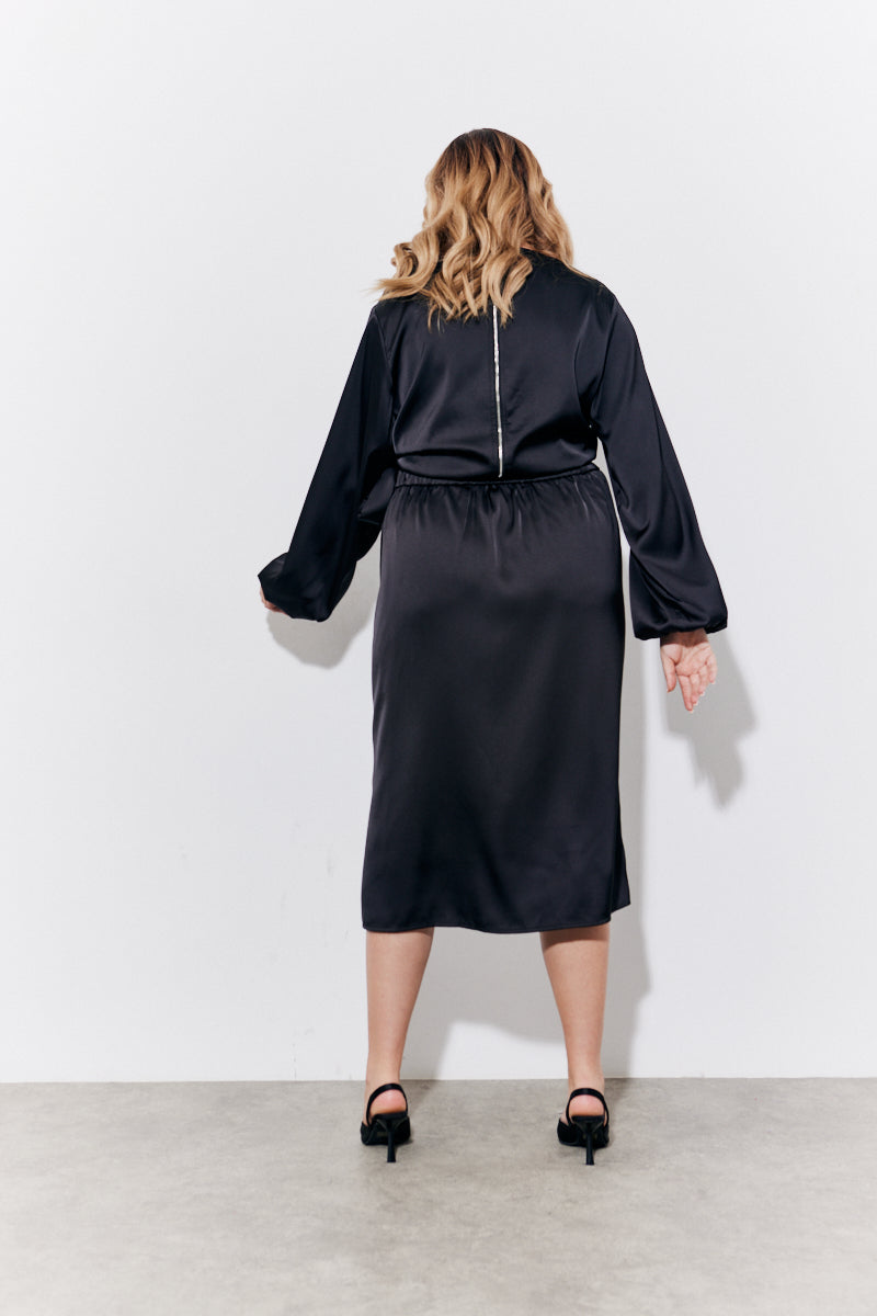 Black Satin Wrap Midi Skirt
