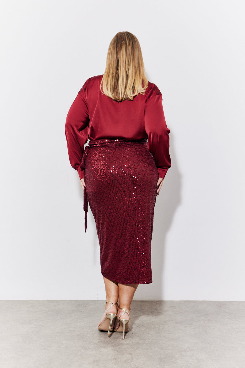 Burgundy Sequin Wrap Midi Skirt