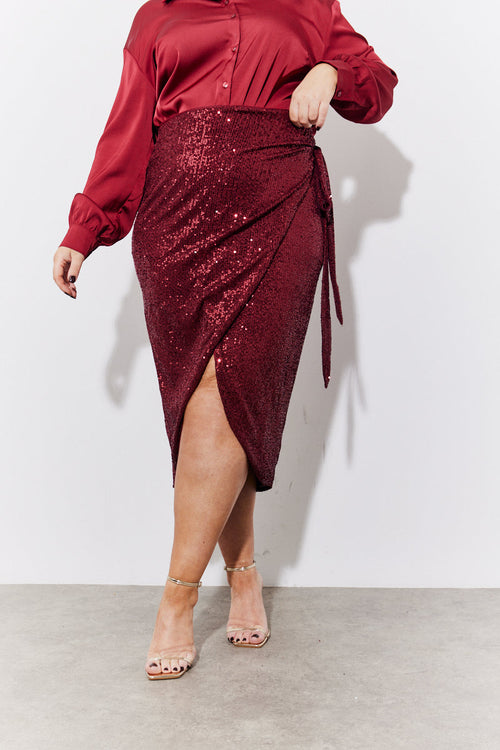 Burgundy Sequin Wrap Midi Skirt