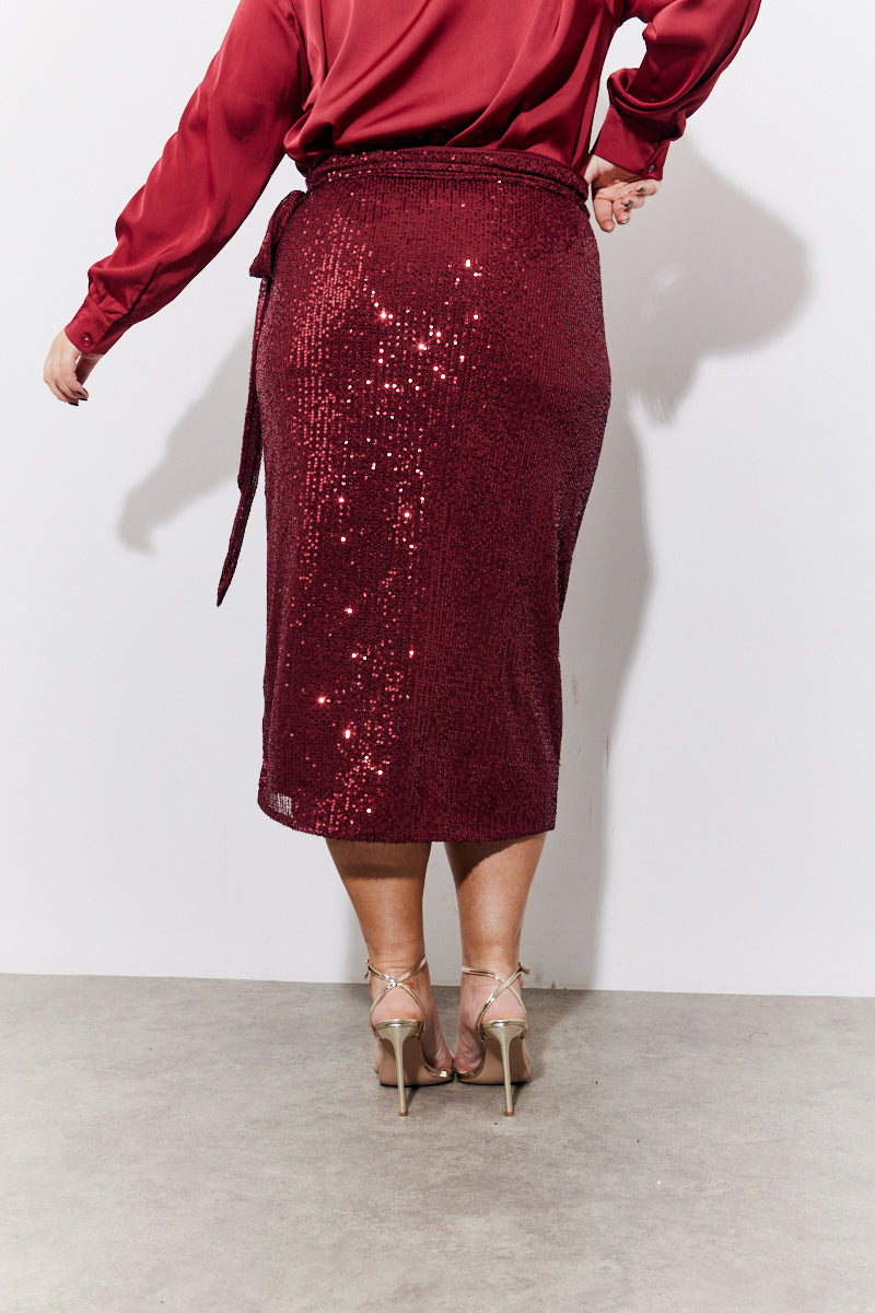 Burgundy Sequin Wrap Midi Skirt