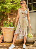 Leaf Print Wrap Midi Skirt in Green