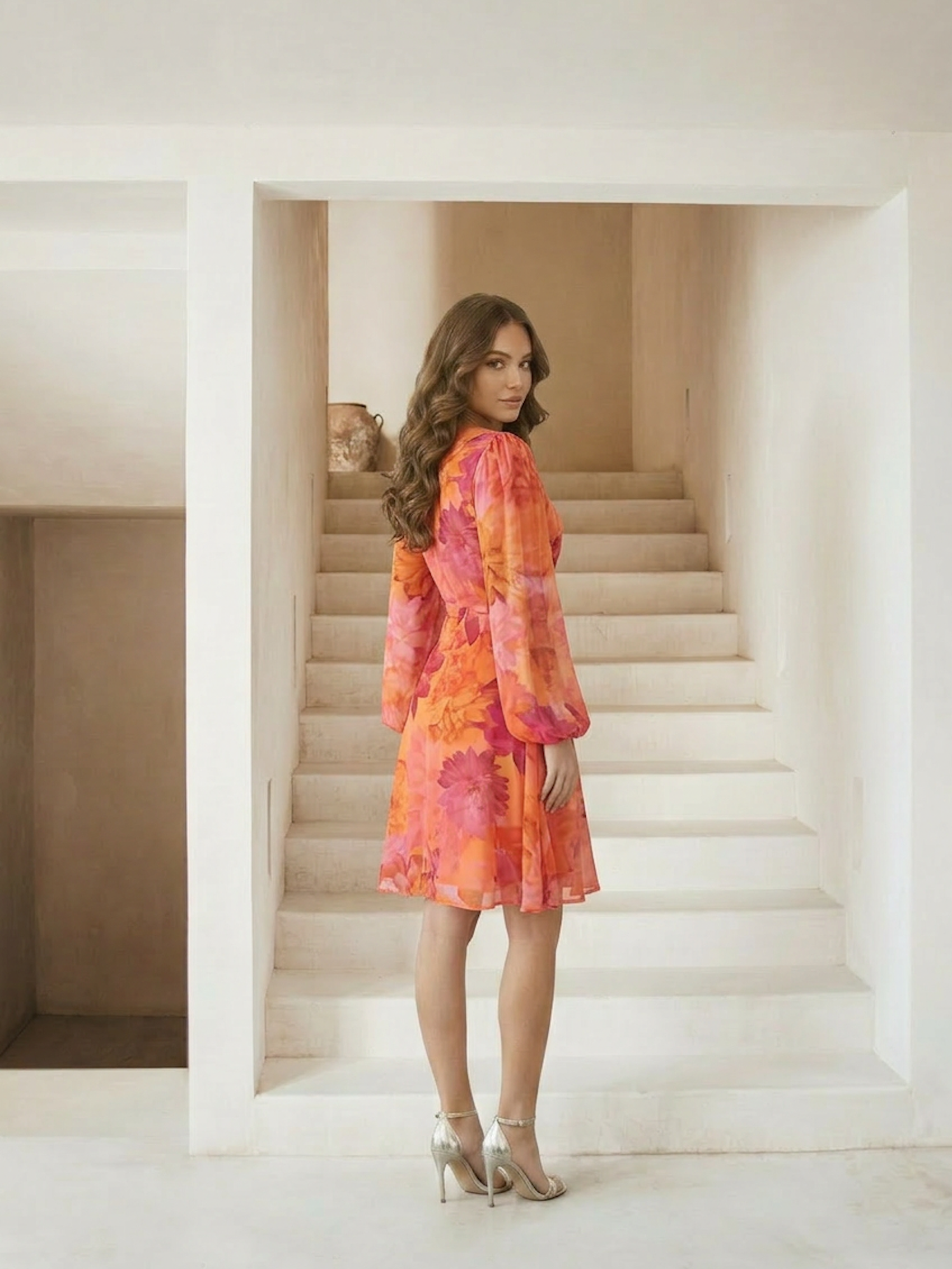 Long Sleeve Floral Printed Mesh Mini Dress in Orange